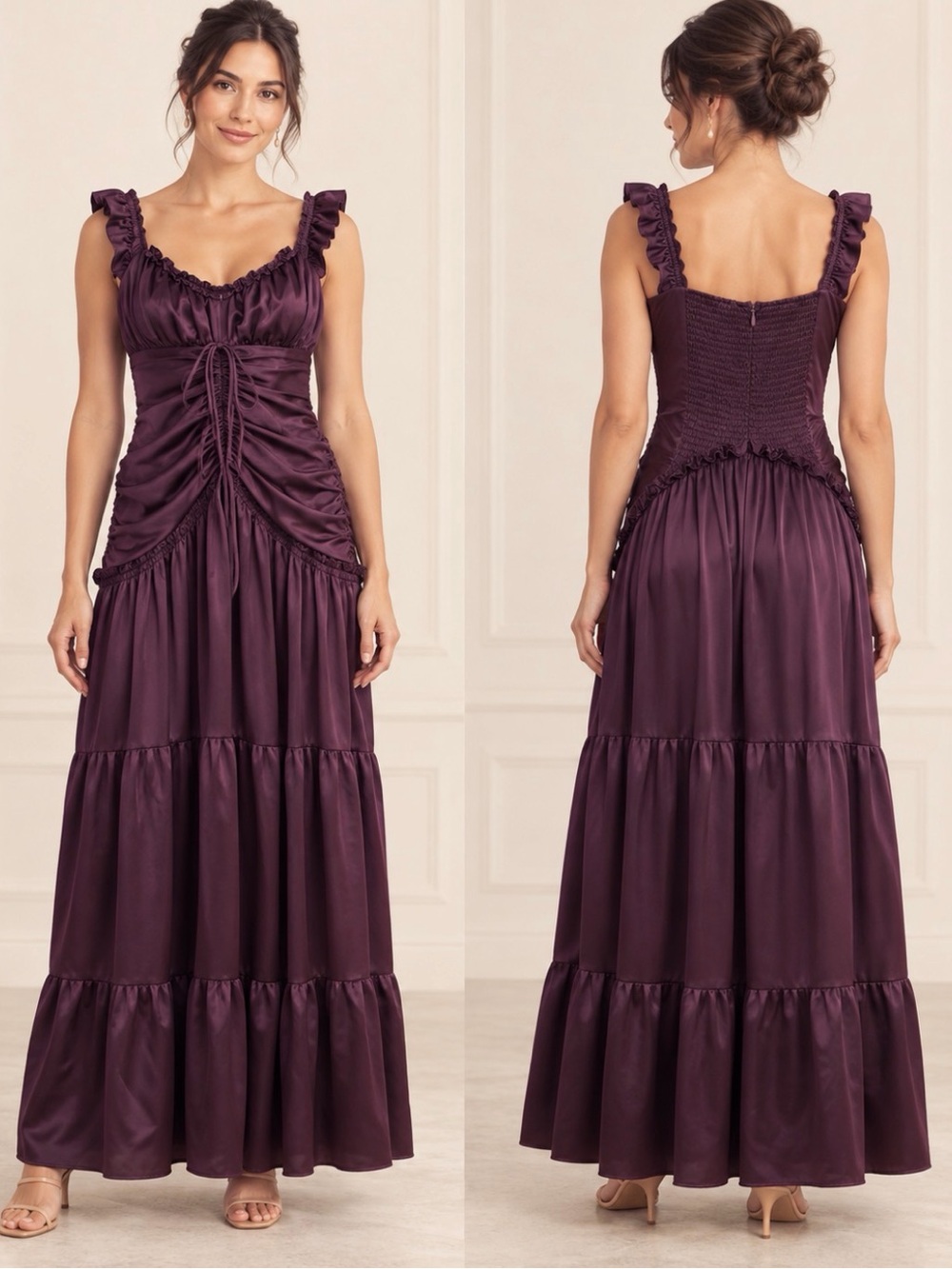 FuTario NWT Plum Satin Ruched Ruffle Maxi Dress Size L